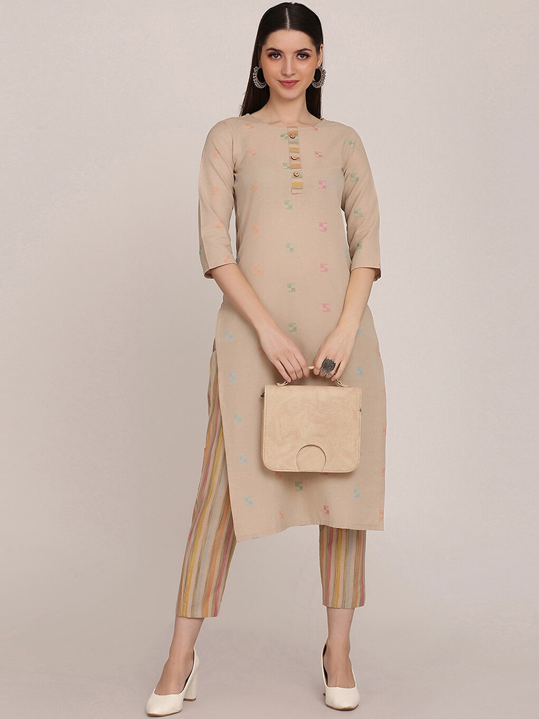 

Shaily Geometric Printed Straight Kurta With Trouser, Beige