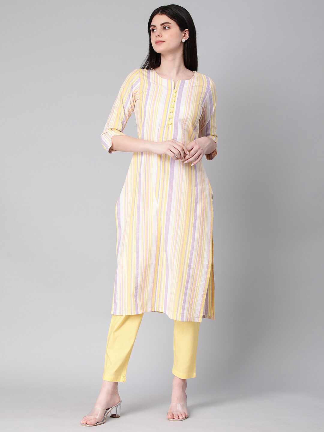 

Shaily Striped Round Neck Three-Quarter Sleeves Straight Kurta with Trouser, Yellow