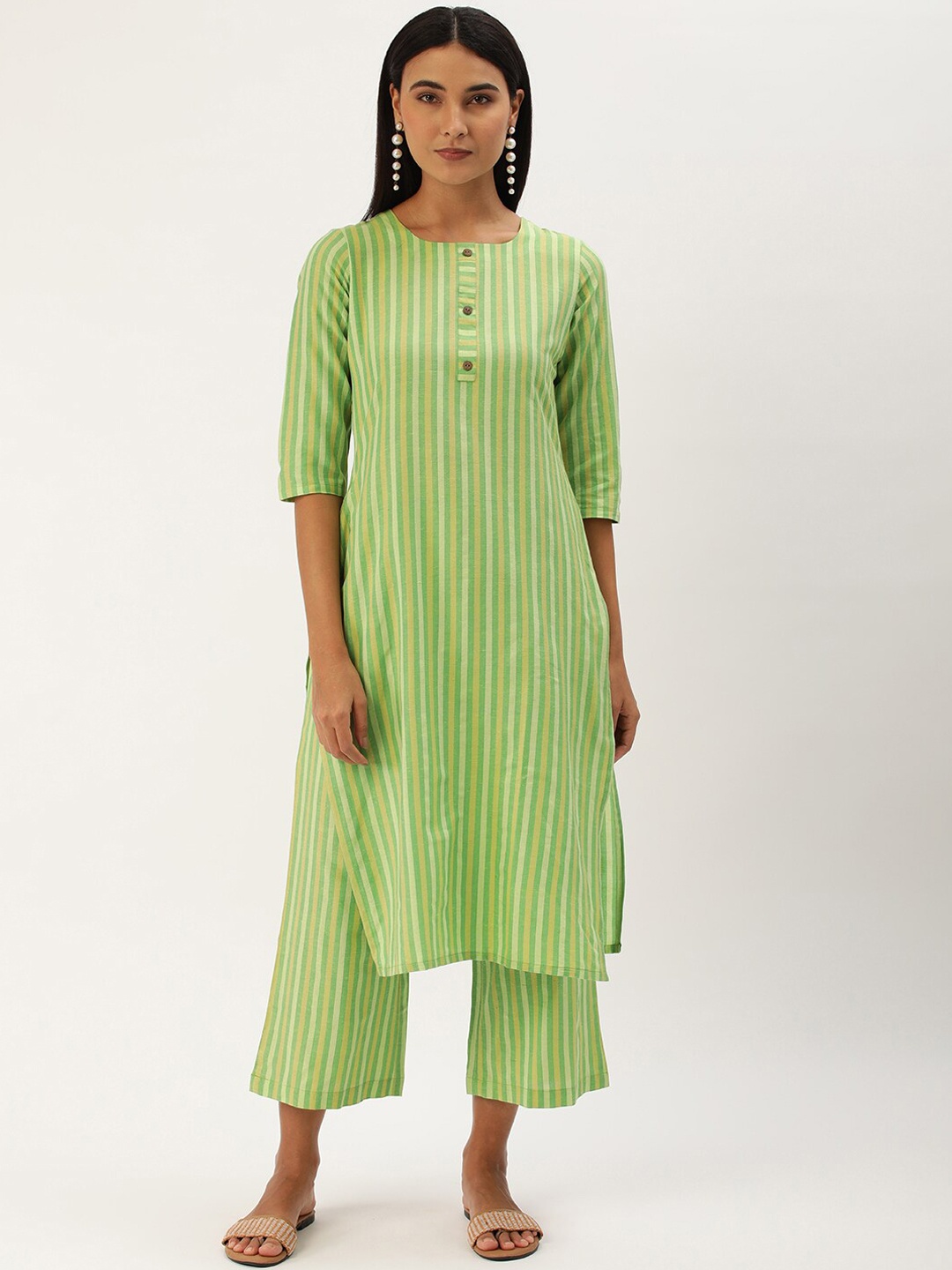 

Shaily Striped Regular Thread Work Kurta With Trousers, Green