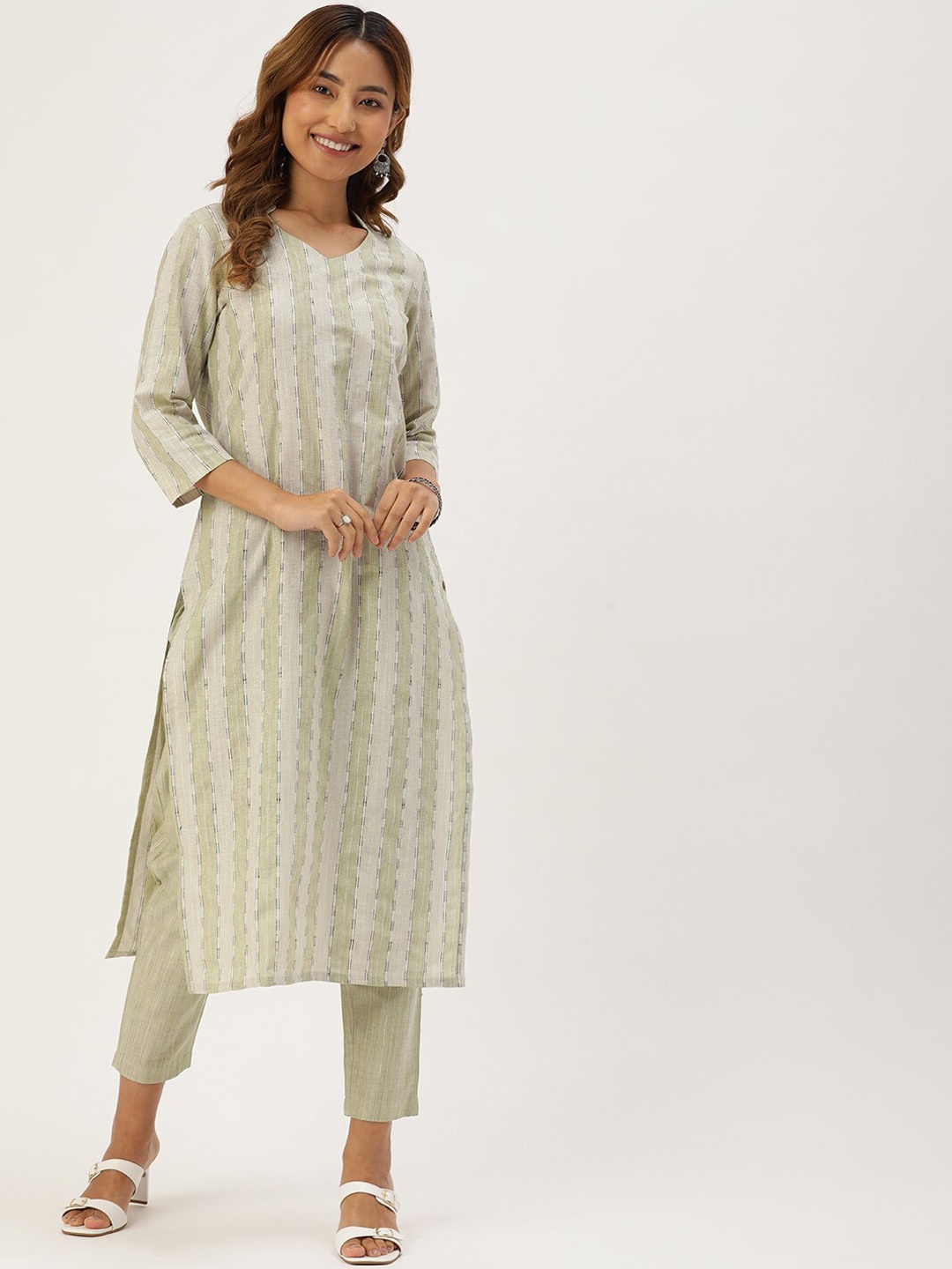 

Shaily Green Striped Straight Kurta with Trousers