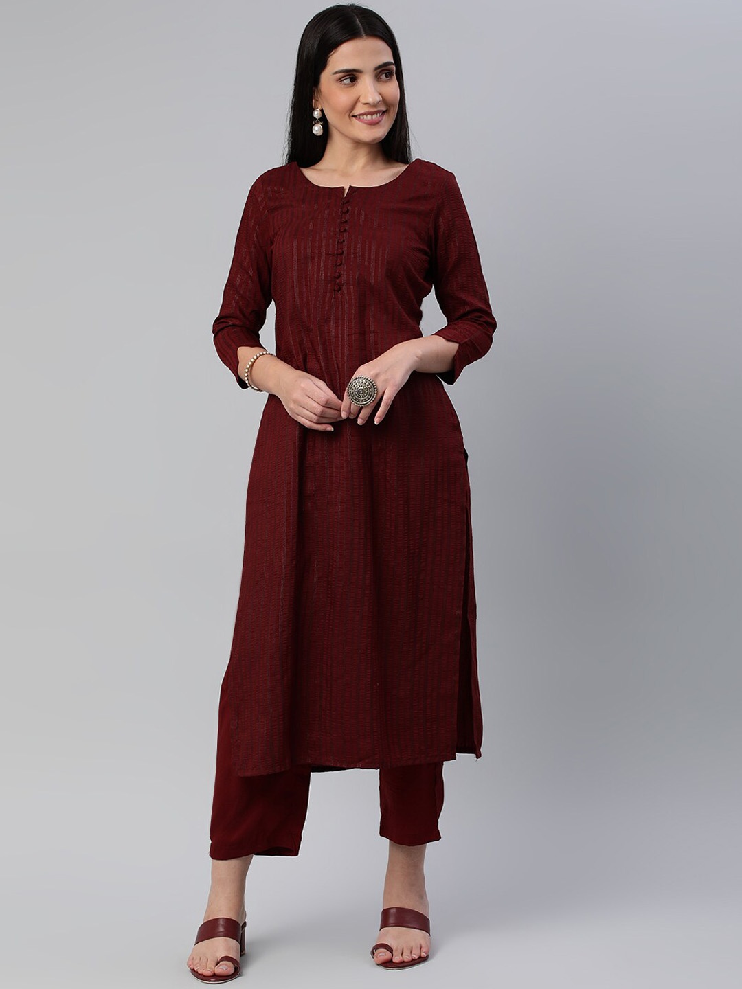 

Shaily Striped Regular Thread Work Kurta With Trousers, Maroon