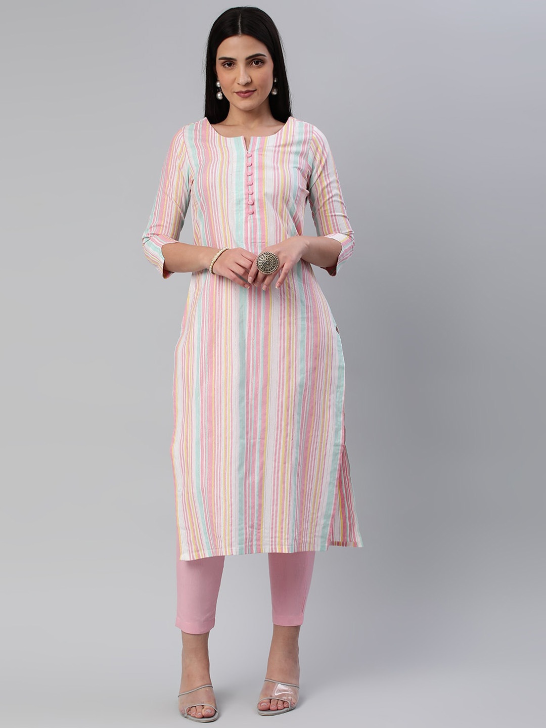 

Shaily Striped Regular Straight Kurta with Trousers, Pink