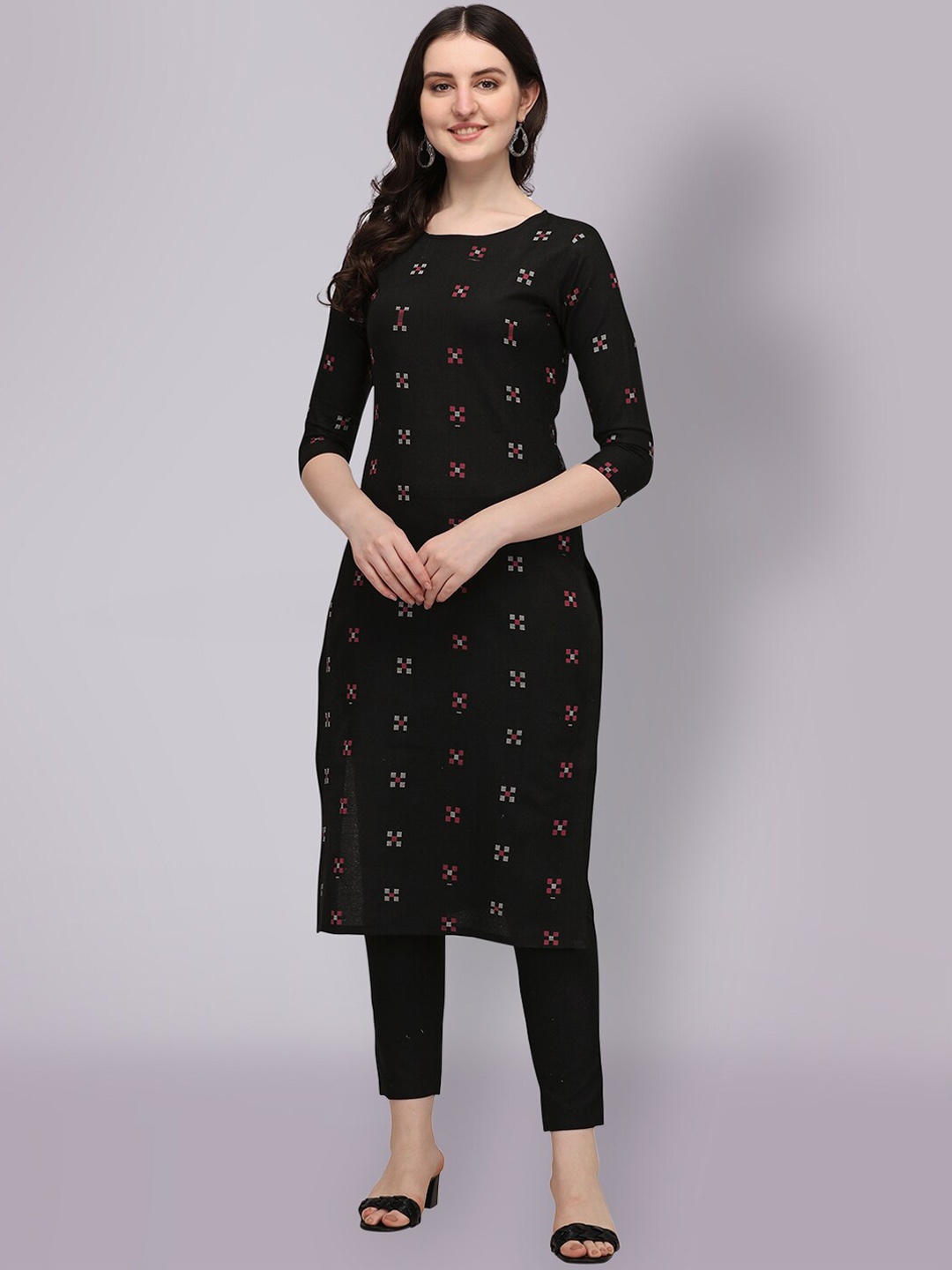 

Shaily Black Geometric Woven Design Straight Kurta with Trousers
