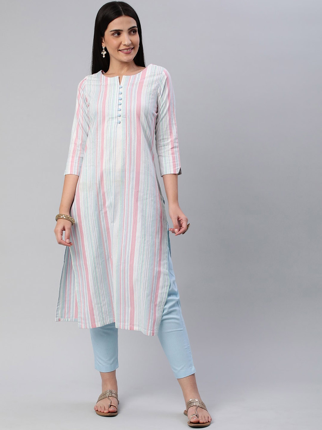 

Shaily Striped Round Neck Three-Quarter Sleeves Straight Kurta with Trouser, Blue