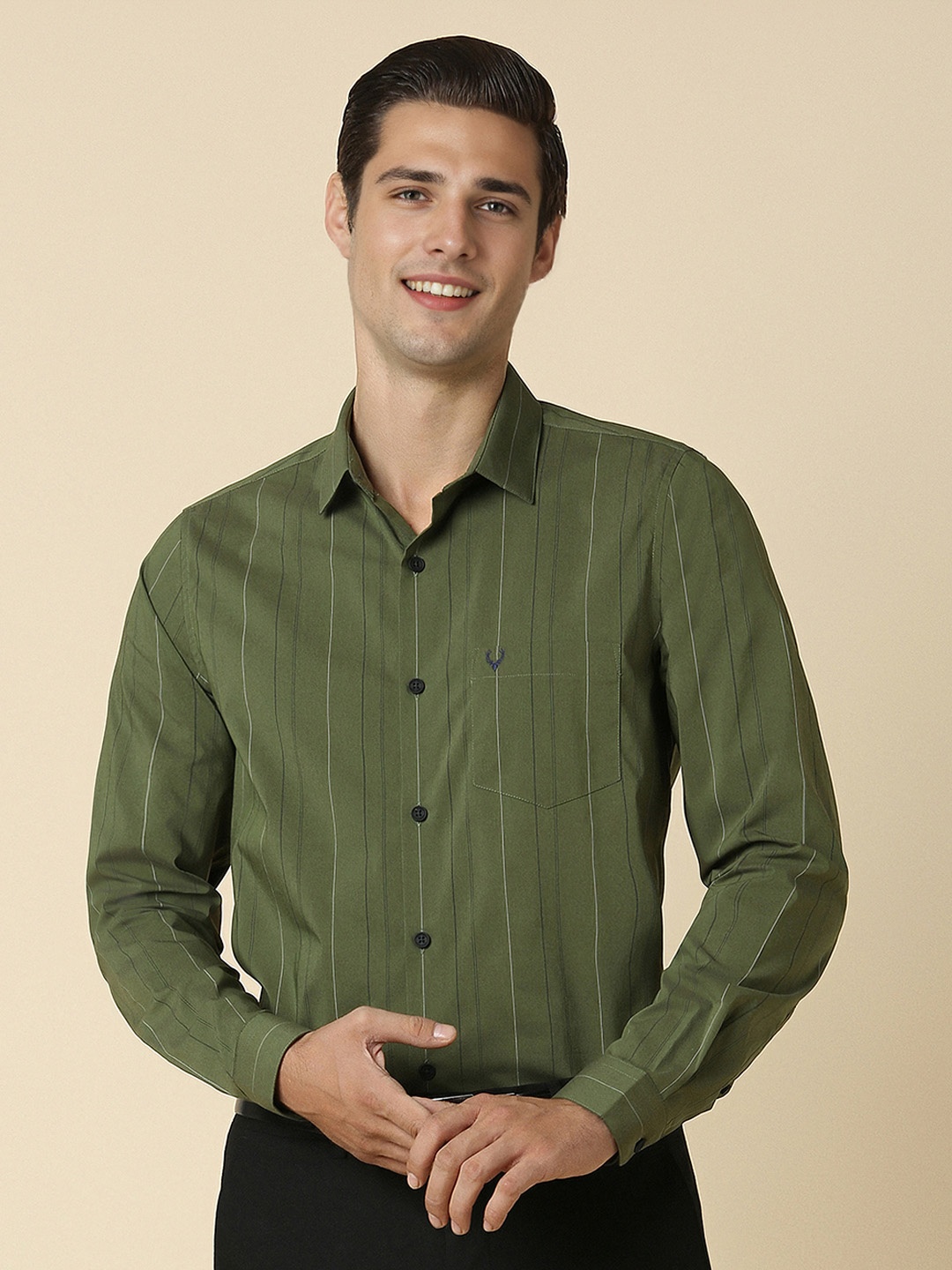 

Allen Solly Slim Fit Vertical Striped Spread Collar Formal Shirt, Olive