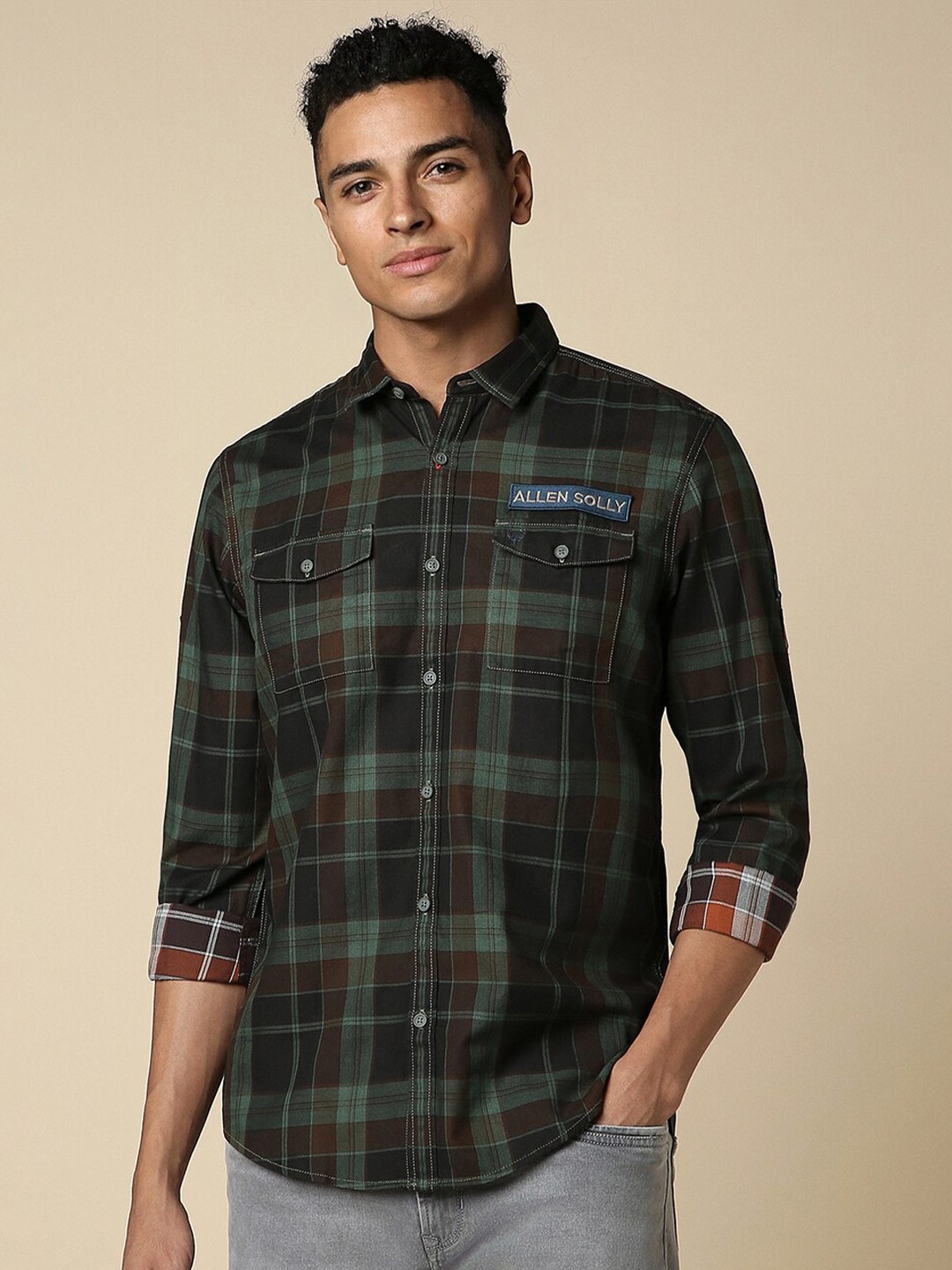 

Allen Solly Custom Fit Tartan Checks Spread Collar Full Sleeves Cotton Casual Shirt, Green