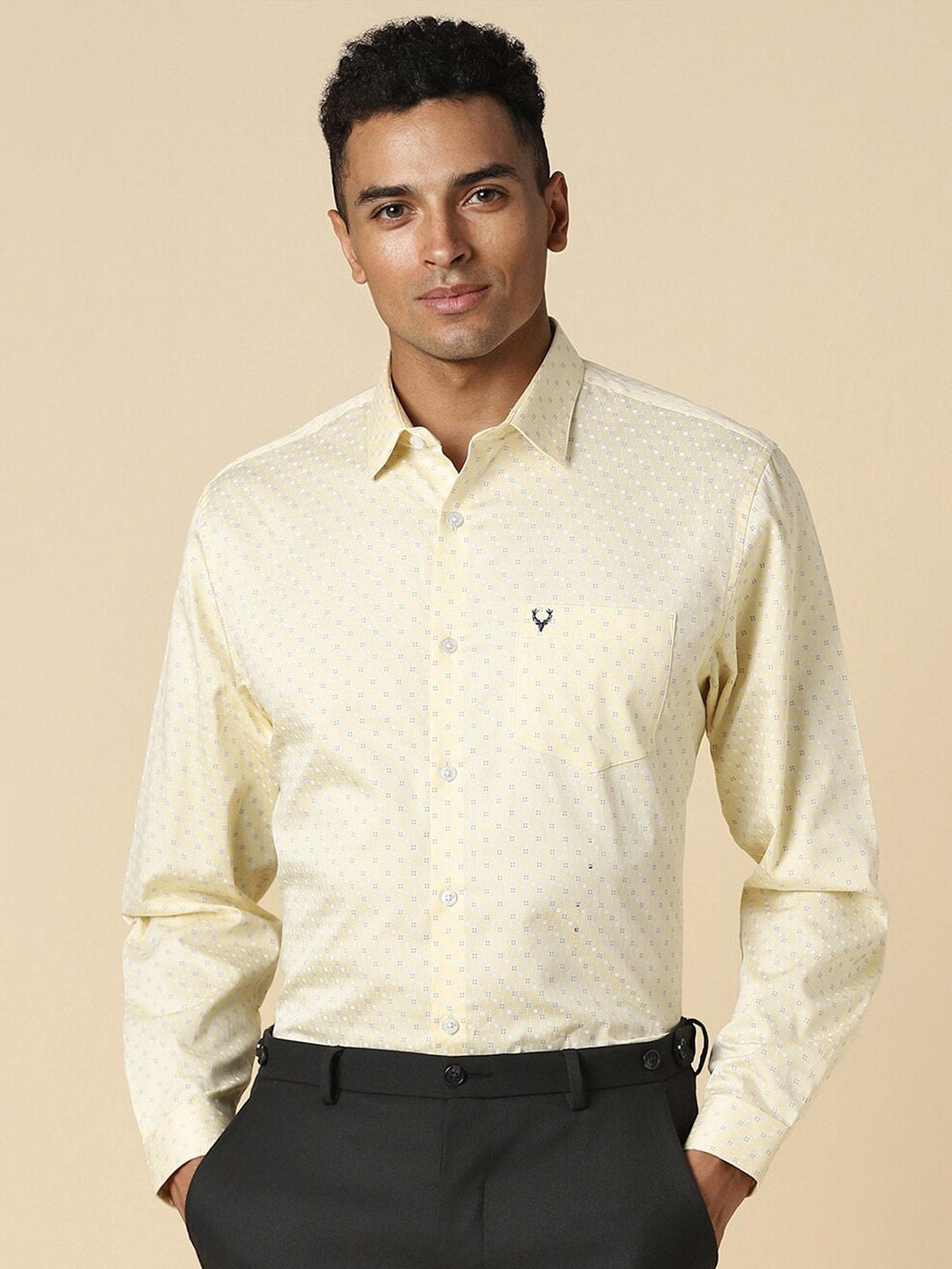 

Allen Solly Slim Fit Printed Spread Collar Long Sleeves Cotton Formal Shirt, Yellow
