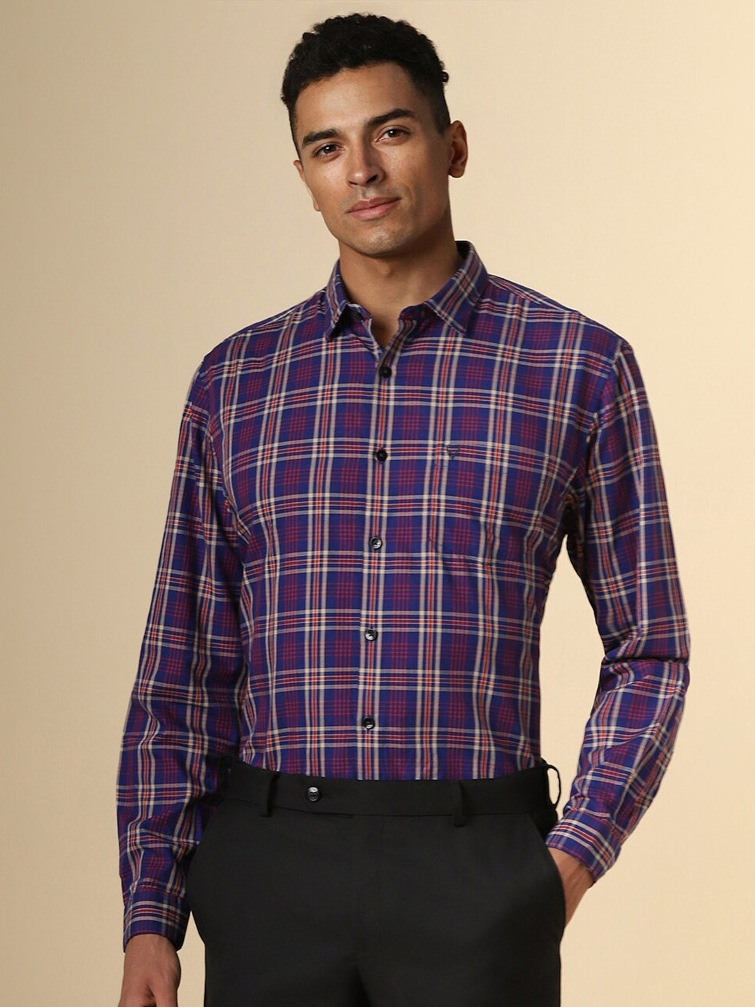 

Allen Solly Slim Fit Tartan Checked Spread Collar Pure Cotton Formal Shirt, Navy blue