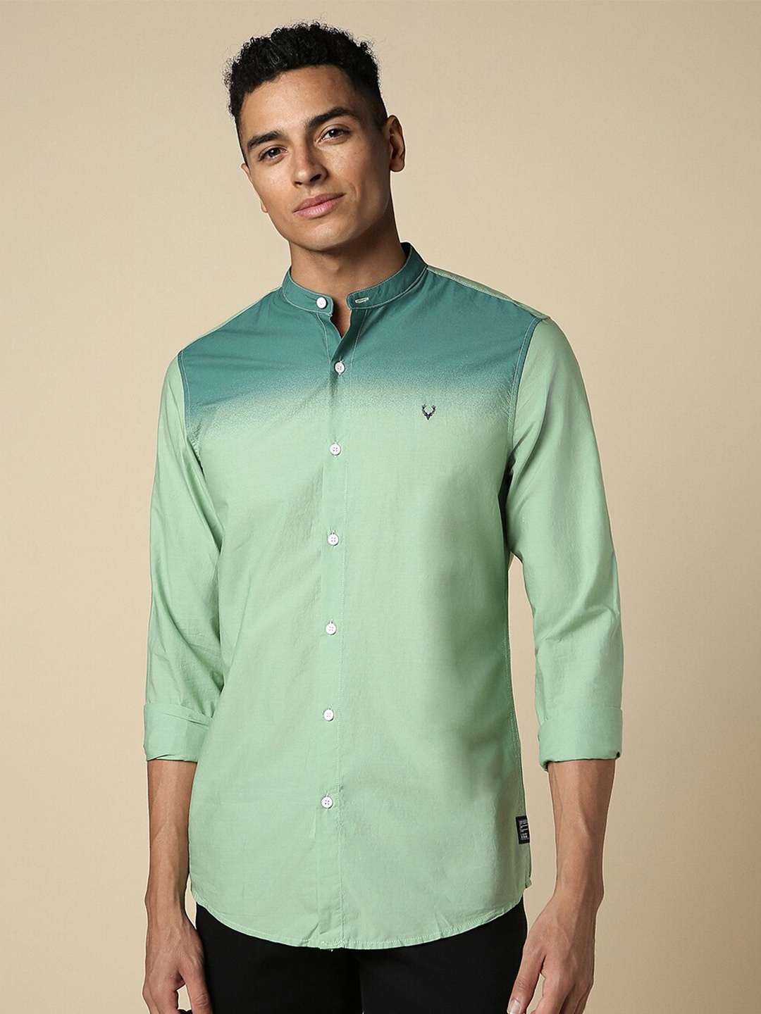 

Allen Solly Custom Fit Mandarin Collar Full Sleeves Cotton Formal Shirt, Green
