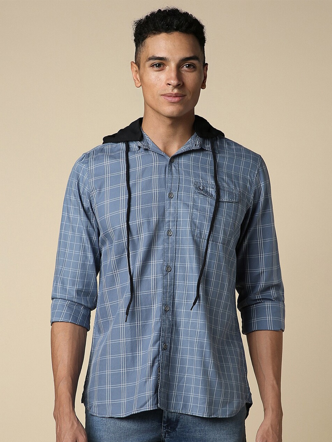 

Allen Solly Custom Fit Checked Hooded Neck Full Sleeves Cotton Casual Shirt, Blue