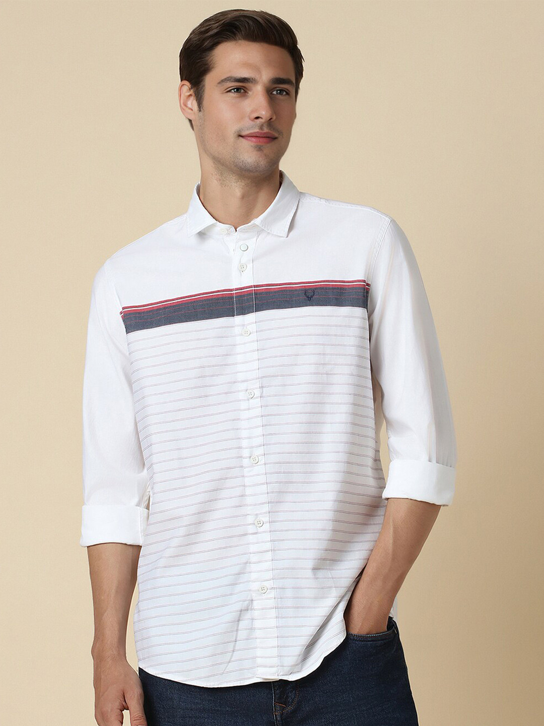 

Allen Solly Custom Fit Horizontal Stripes Spread Collar Cotton Casual Shirt, White