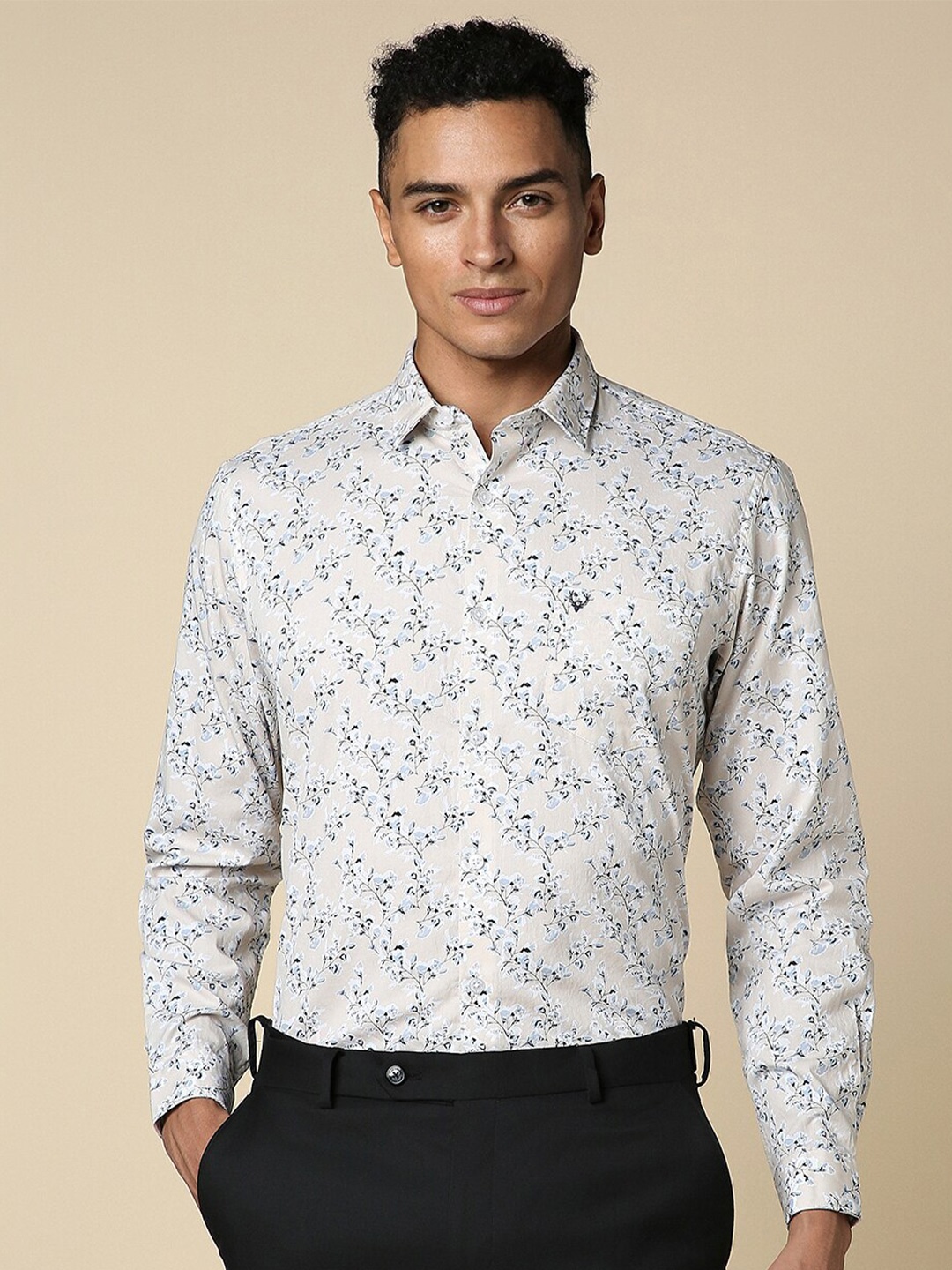 Allen Solly Men Slim Fit Floral Printed Spread Collar Long Sleeves Cotton Formal Shirt, Grey