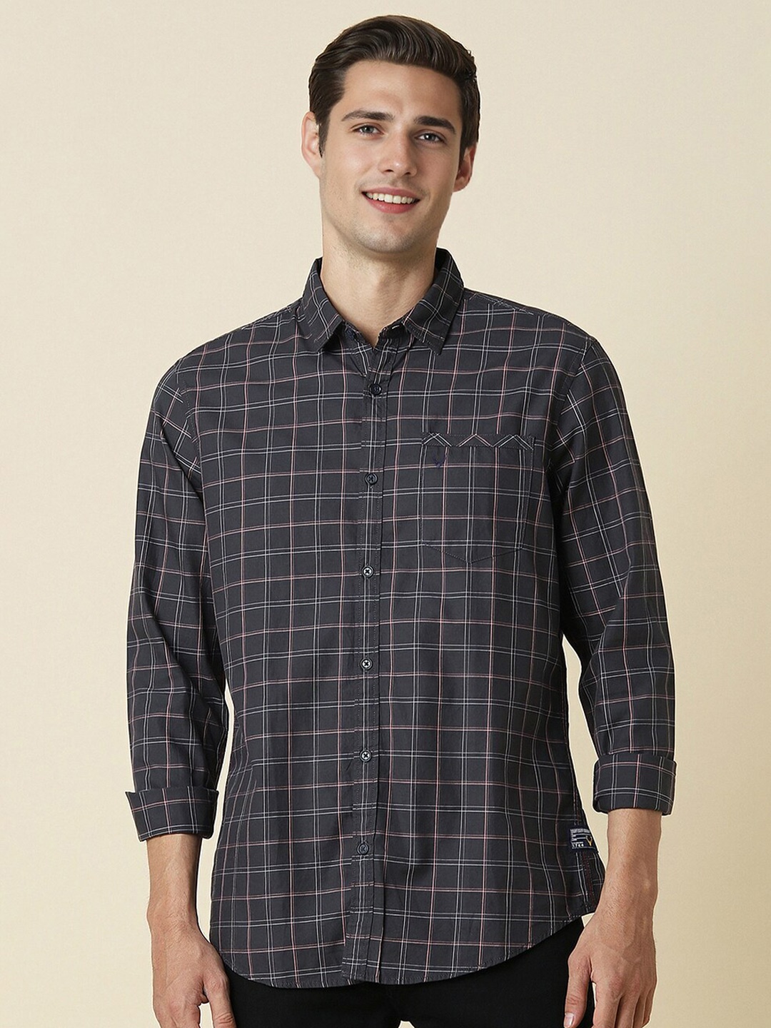 

Allen Solly Custom Fit Checked Spread Collar Full Sleeves Cotton Casual Shirt, Grey