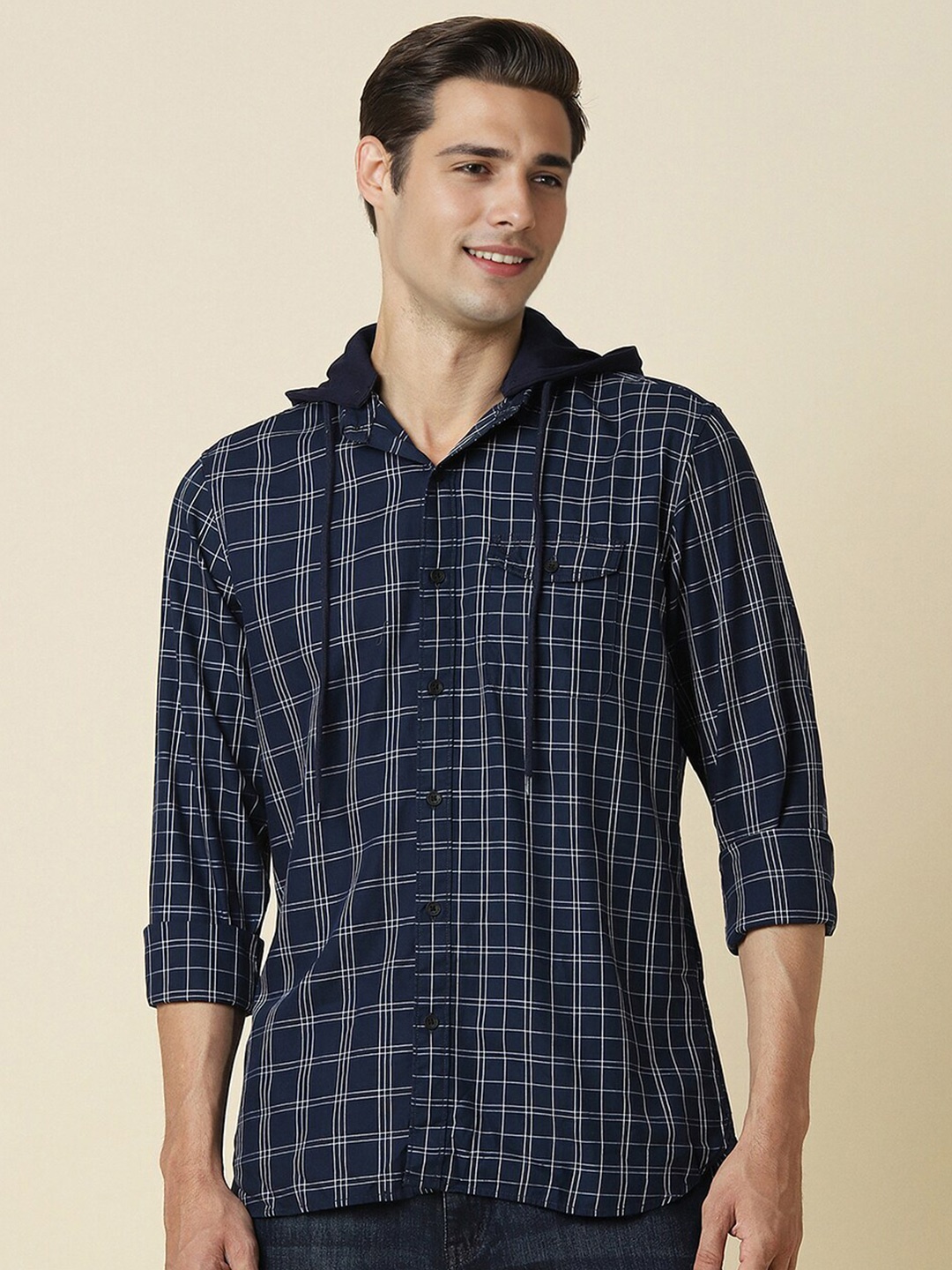 

Allen Solly Custom Fit Tartan Checked Hooded Casual Pure Cotton Shirt, Navy blue