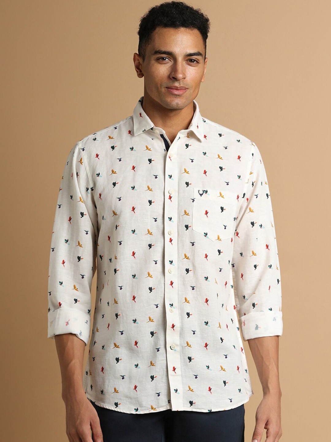 

Allen Solly Slim Fit Conversational Printed Spread Collar Linen Cotton Casual Shirt, White