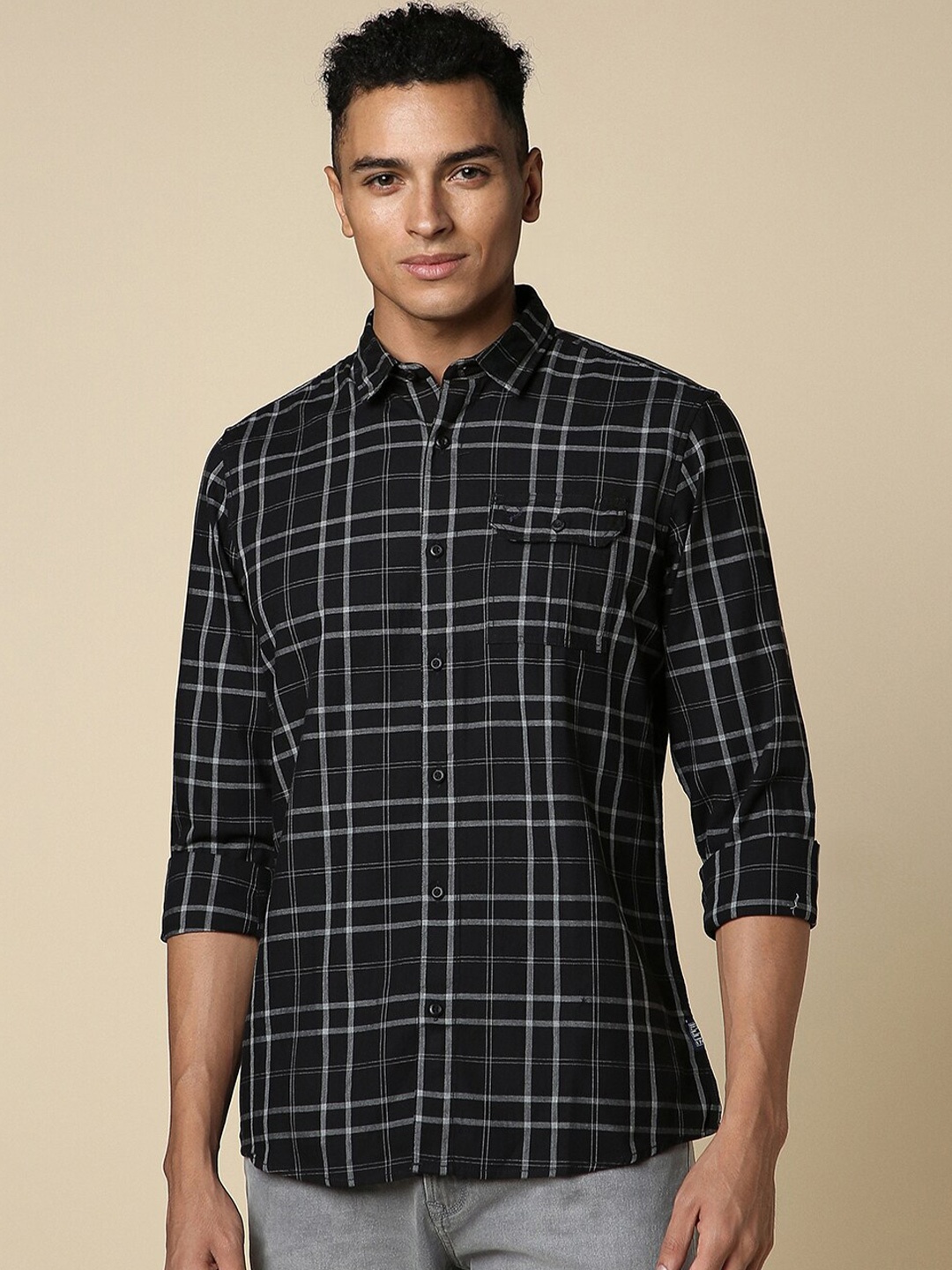 

Allen Solly Grid Tattersall Checked Spread Collar Pure Cotton Casual Shirt, Black