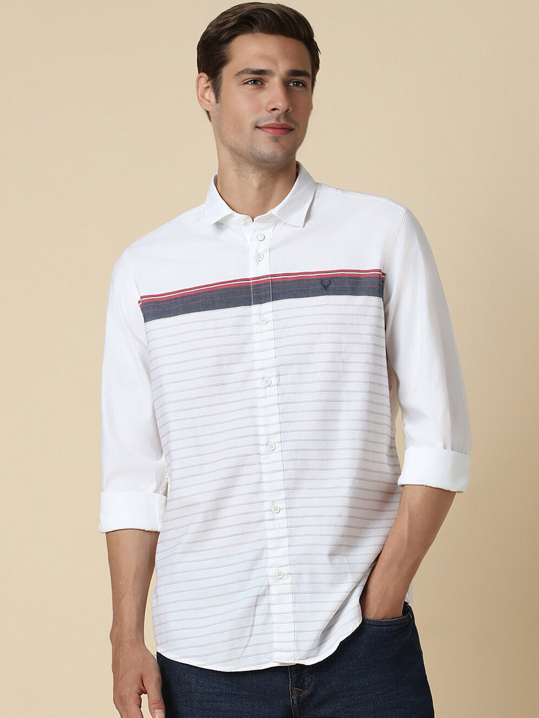 

Allen Solly Custom Horizontal Striped Spread Collar Pure Cotton Casual Shirt, White