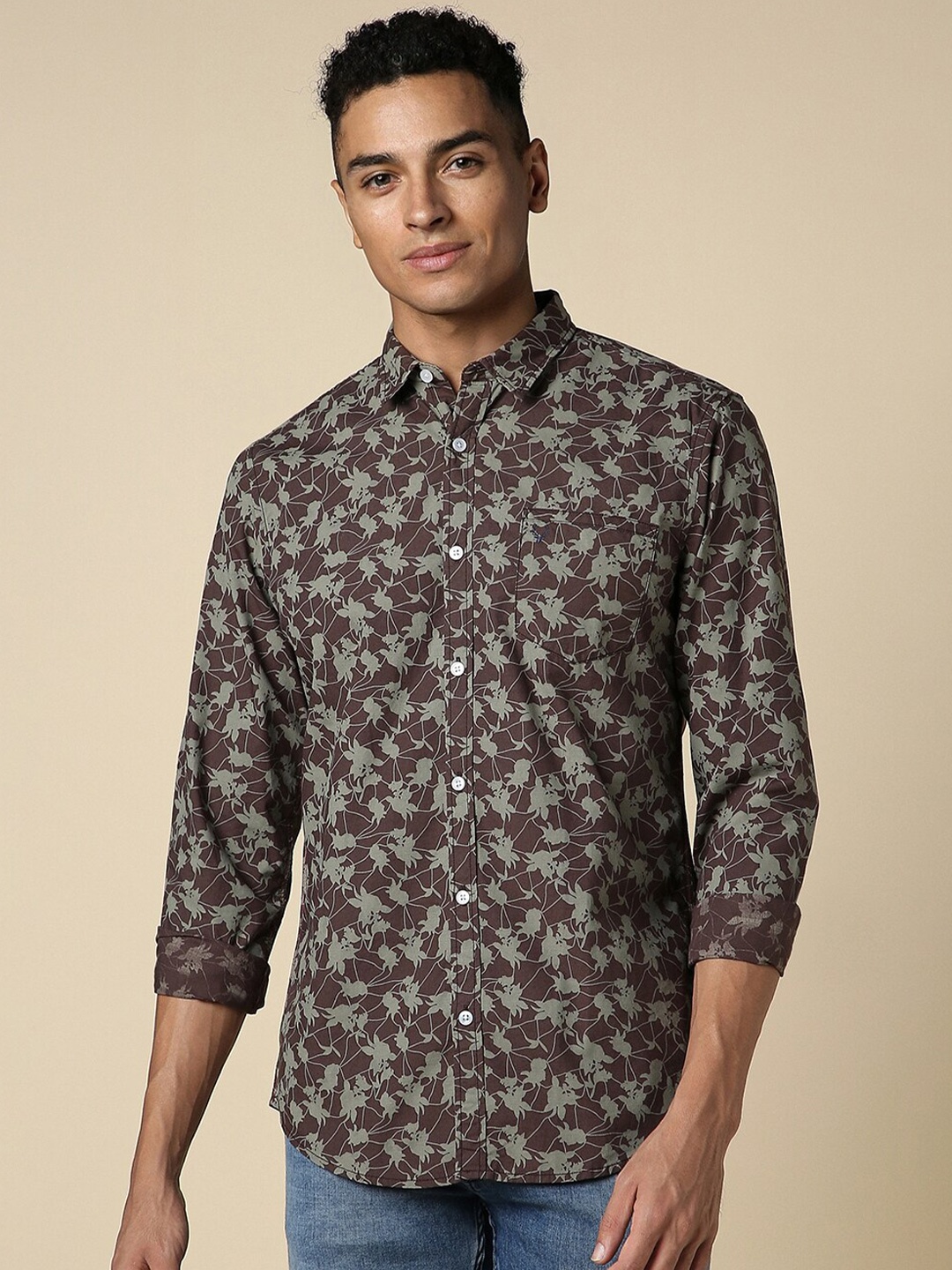 

Allen Solly Custom Floral Printed Spread Collar Pure Cotton Casual Shirt, Brown