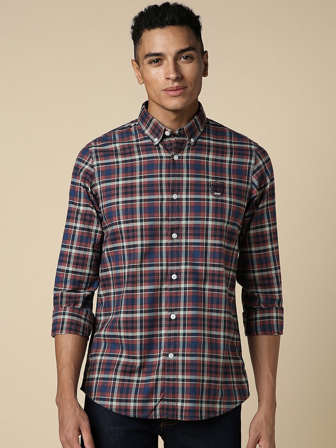 

Allen Solly Custom Fit Tartan Checked Button-Down Collar Casual Pure Cotton Shirt, Navy blue