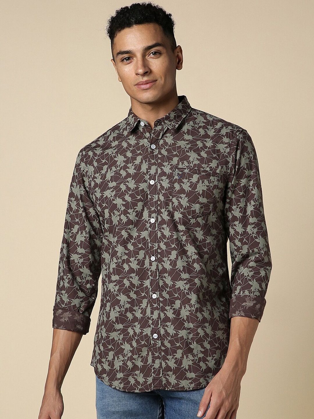 

Allen Solly Custom Fit Floral Printed Pure Cotton Casual Shirt, Brown