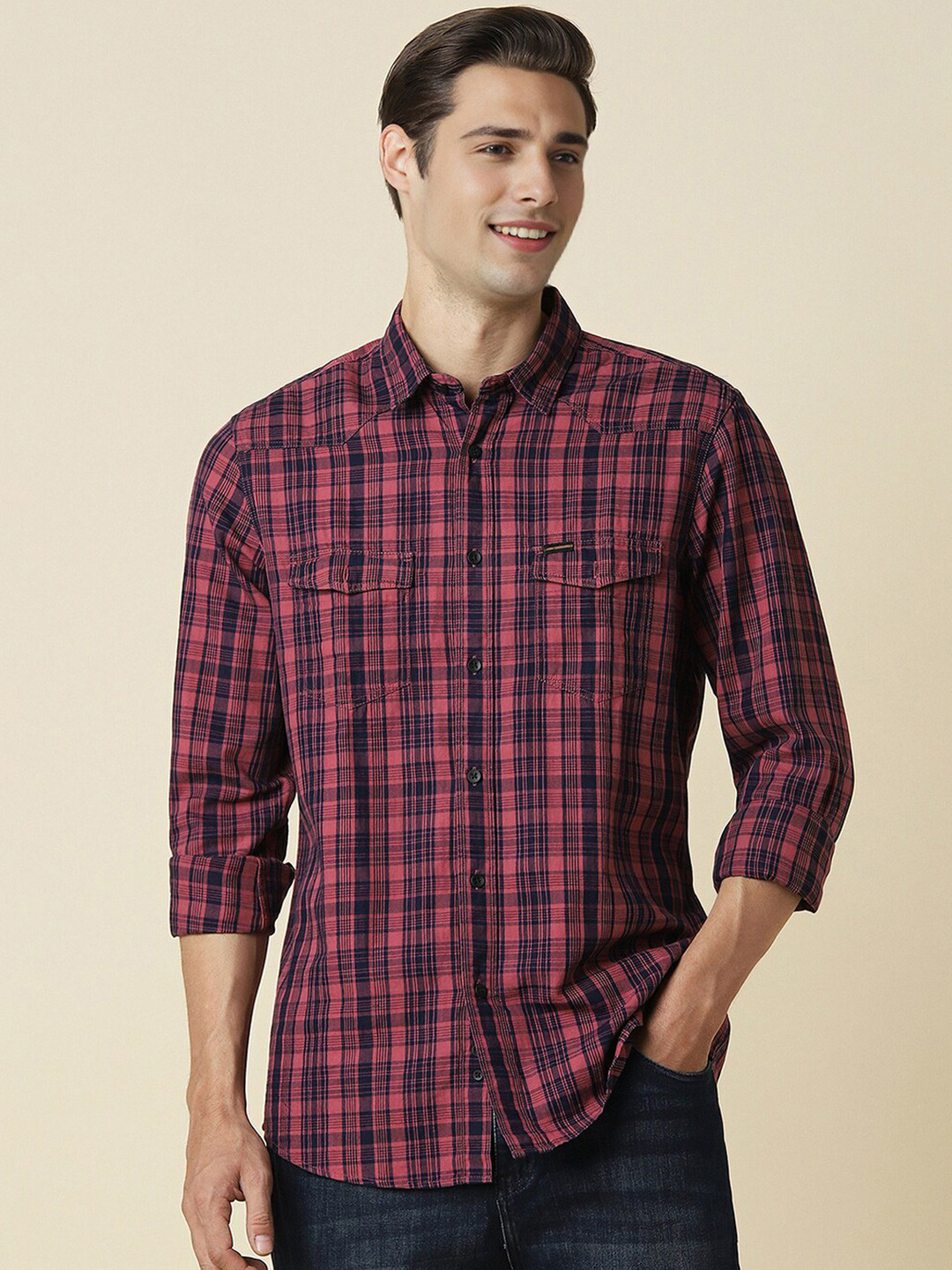 

Allen Solly Custom Fit Tartan Checks Spread Collar Long Sleeves Cotton Casual Shirt, Red