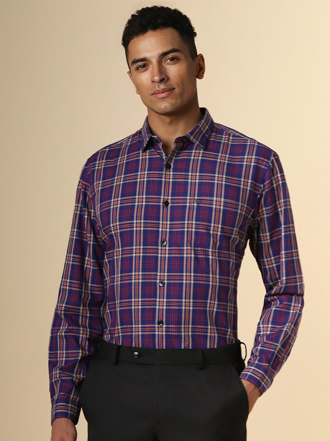 

Allen Solly Spread Collar Slim Fit Tartan Checked Formal Cotton Shirt, Navy blue