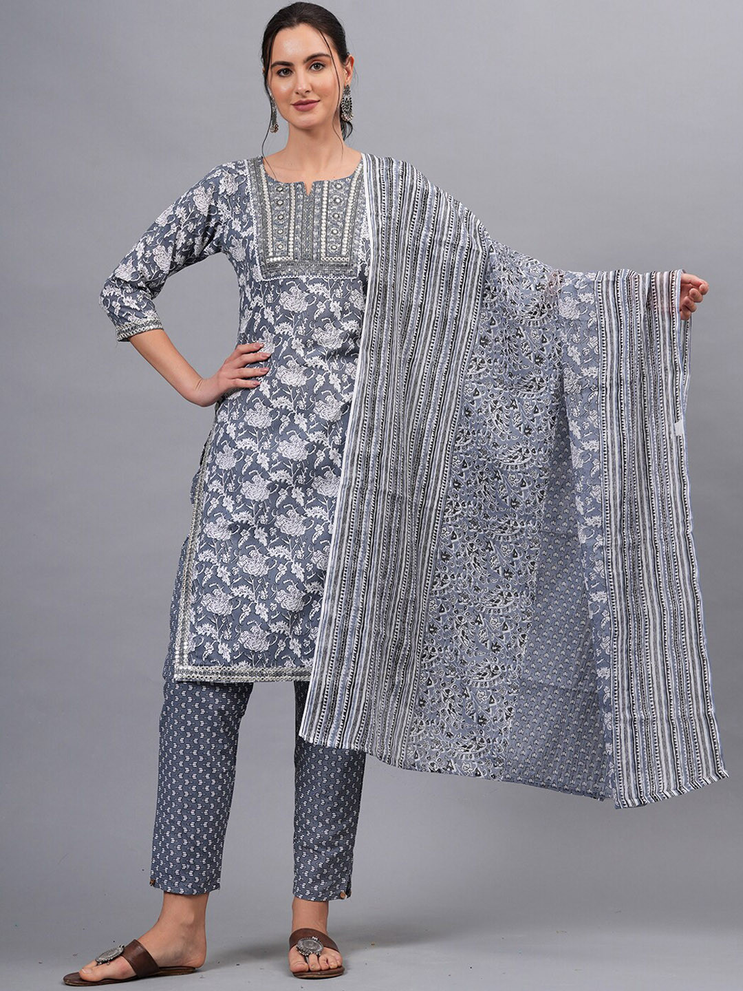 

HIGHLIGHT FASHION EXPORT Floral Printed Pure Cotton Straight Kurta & Trousers With Dupatta, Grey