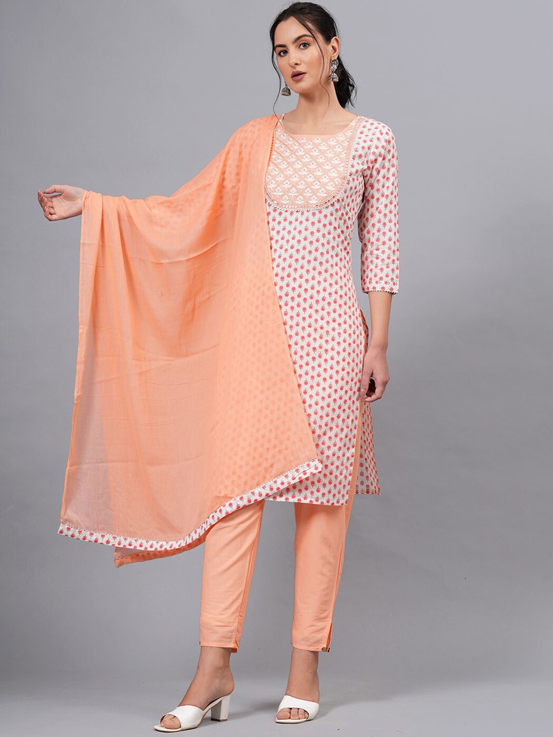 HIGHLIGHT FASHION EXPORT Floral Printed Straight Mirror Work Pure Cotton Kurta Set, Pink
