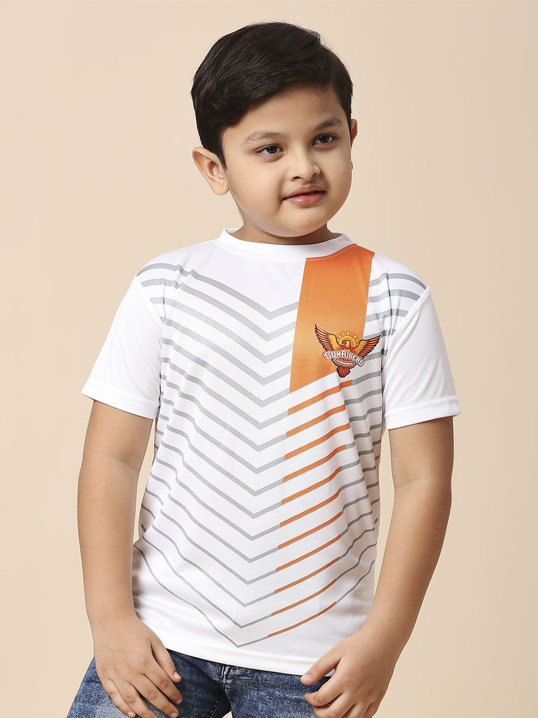 

FanCode Kids Striped Round Neck T-Shirt, White