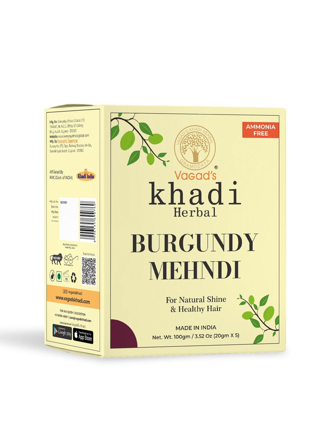 

Vagads Khadi Herbal Ammonia-Free Burgundy Mehndi with Shikakai & Aritha - 100 g