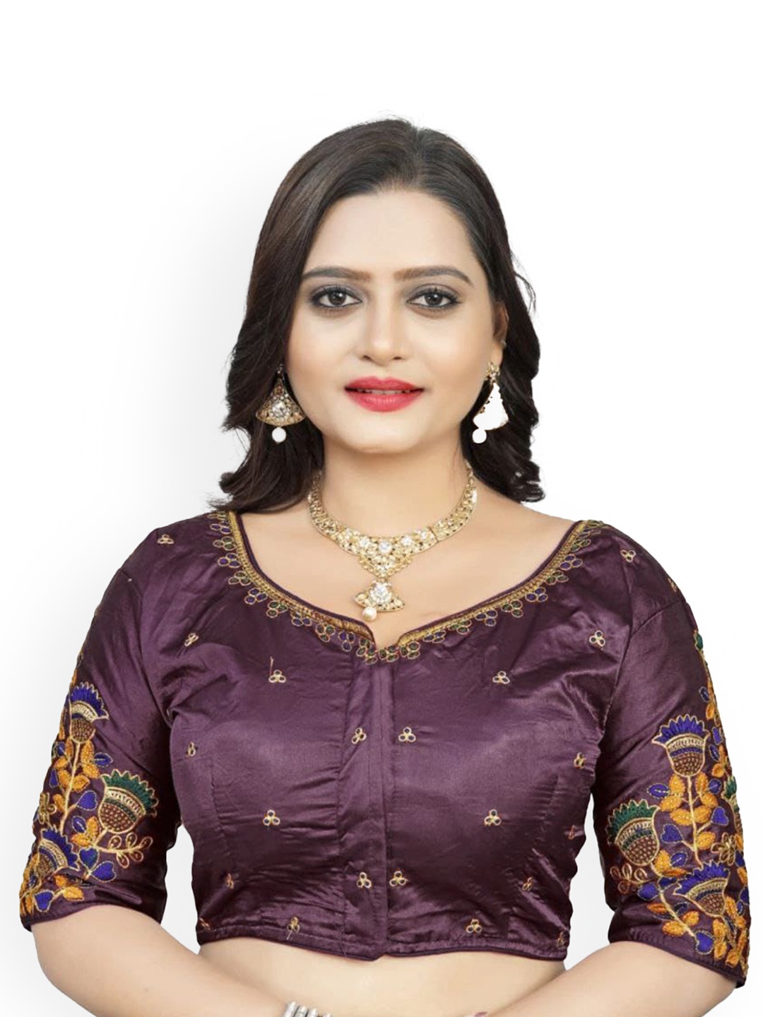 

Reeta Fashion Embroidered Silk Readymade Saree Blouse, Burgundy