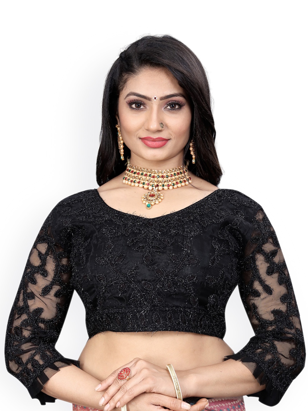 

Reeta Fashion Embroidered Thread Work Detailed Saree Blouse, Black