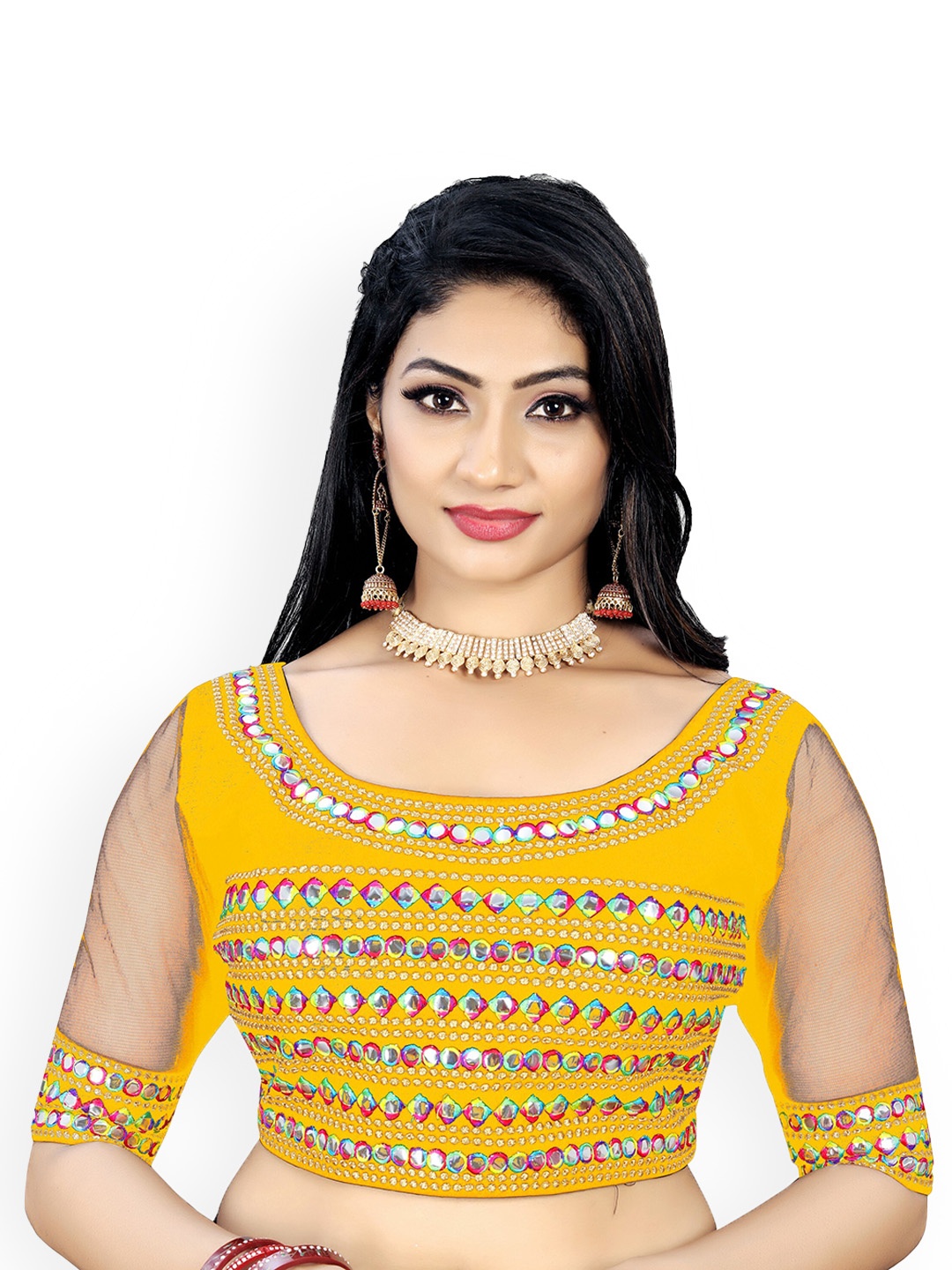 

Reeta Fashion Embroidered Mirror Work Detailed Silk Saree Blouse, Yellow