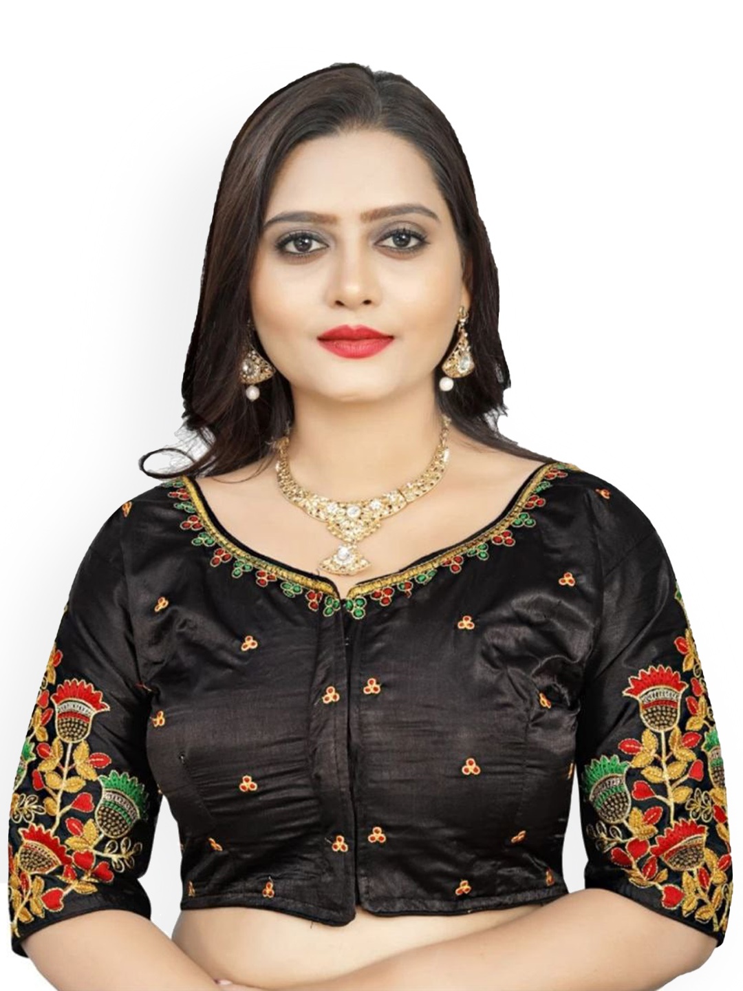 

Reeta Fashion Embroidered Thread Work Detailed Satin Silk Saree Blouse, Black