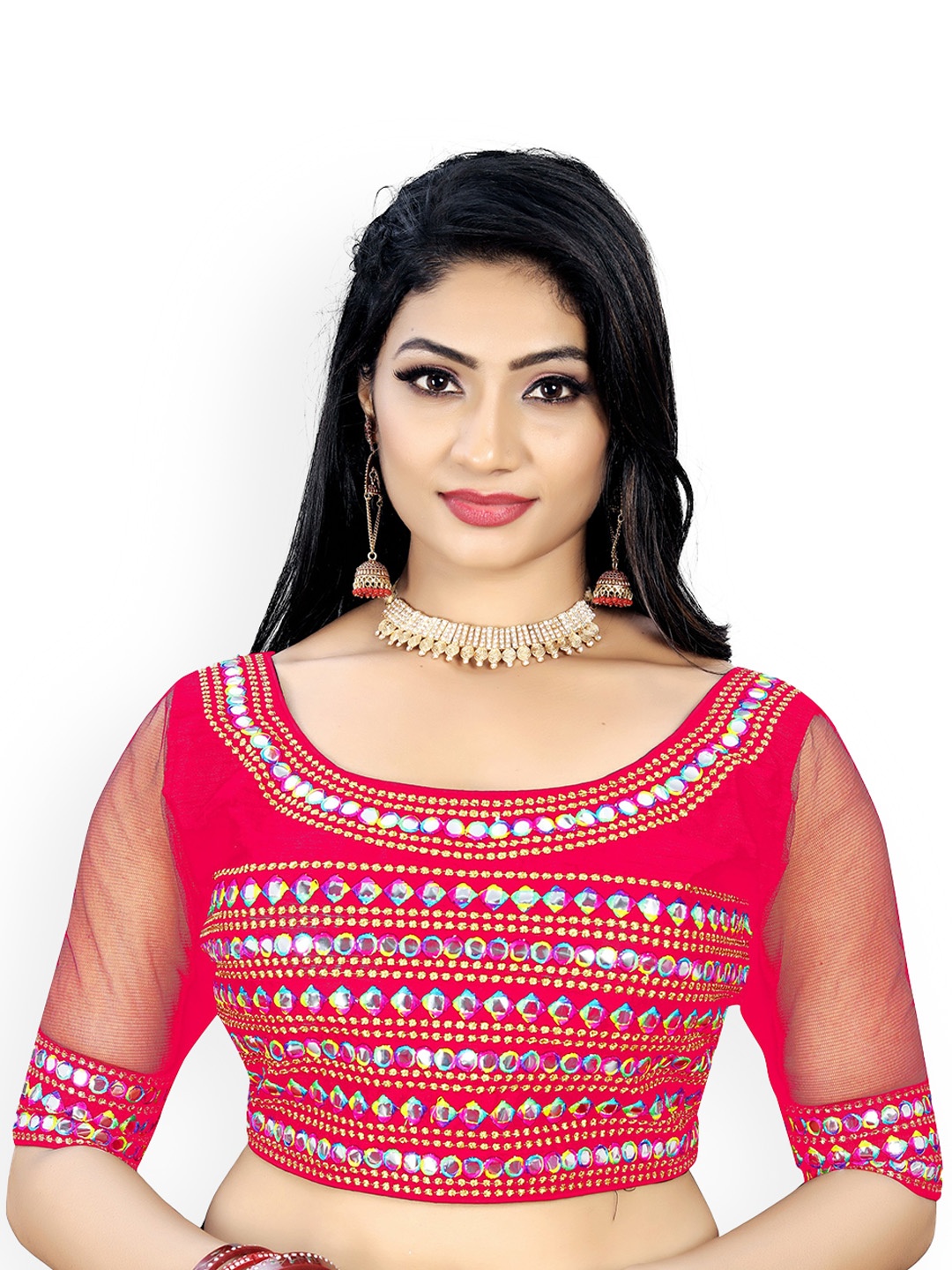 

Reeta Fashion Embroidered Mirror Work Silk Readymade Saree Blouse, Pink
