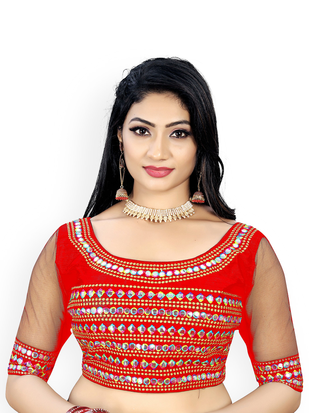 

Reeta Fashion Embroidered Mirror Work Silk Readymade Saree Blouse, Red