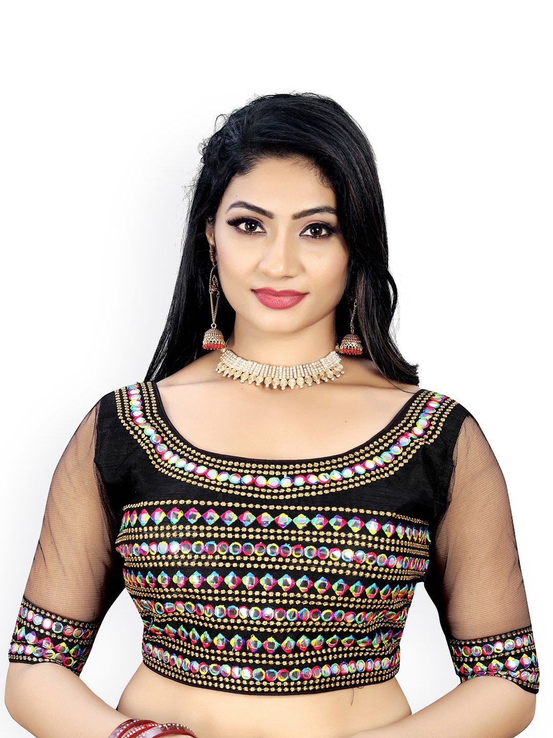 

Reeta Fashion Embroidered Mirror Work Silk Readymade Saree Blouse, Black