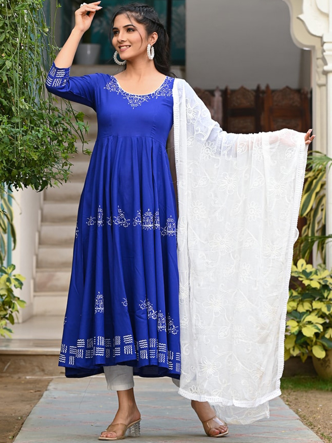 

Indi INSIDE Floral Block Printed Empire Anarkali Kurta with Trousers & Dupatta, Blue