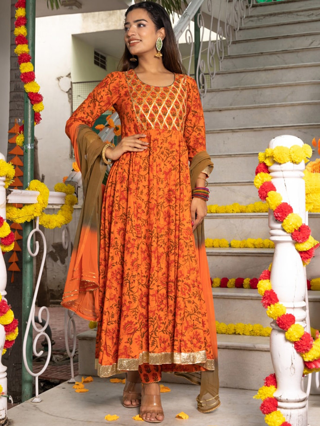 

Indi INSIDE Floral Block Printed Gotta Patti Anarkali Suit Set, Orange