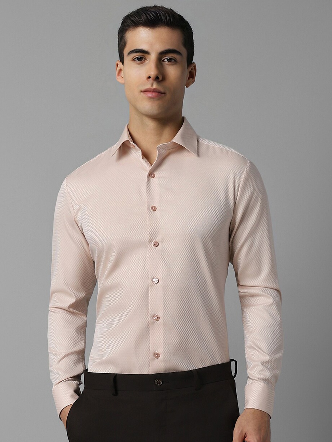 

Louis Philippe Spread Collar Slim Fit Checked Formal Pure Cotton Shirt, Peach