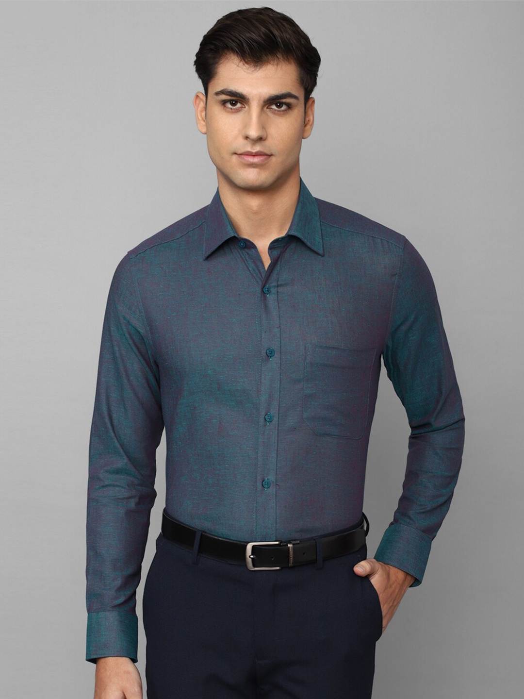 

Louis Philippe Spread Collar Classic Fit Textured Formal Linen Cotton Shirt, Blue