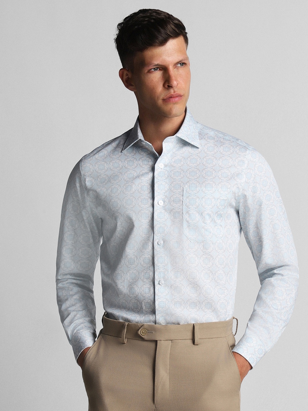 

Louis Philippe Classic Tailored Fit Geometric Printed Spread Collar Cotton Formal Shirt, Blue