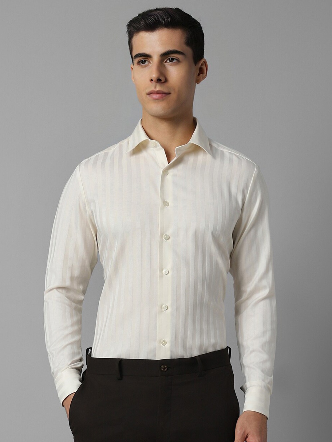 

Louis Philippe Slim Fit Vertical Striped Formal Pure Cotton Shirt, Cream