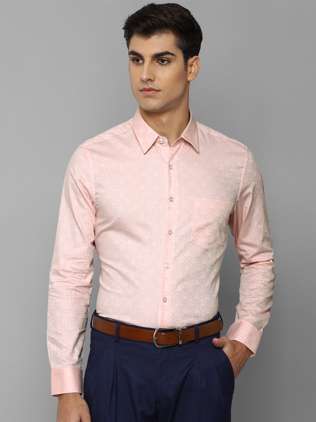

Louis Philippe Spread Collar Slim Fit Ethnic Motifs Printed Formal Pure Cotton Shirt, Peach