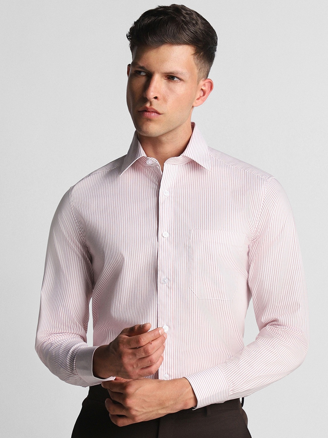 

Louis Philippe Classic Tailored Fit Vertical Stripes Spread Collar Cotton Formal Shirt, Pink