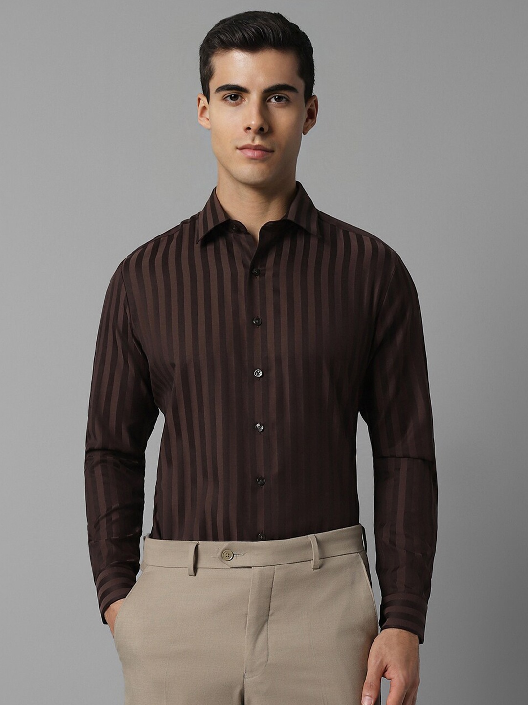 

Louis Philippe Slim Fit Vertical Striped Formal Pure Cotton Shirt, Brown