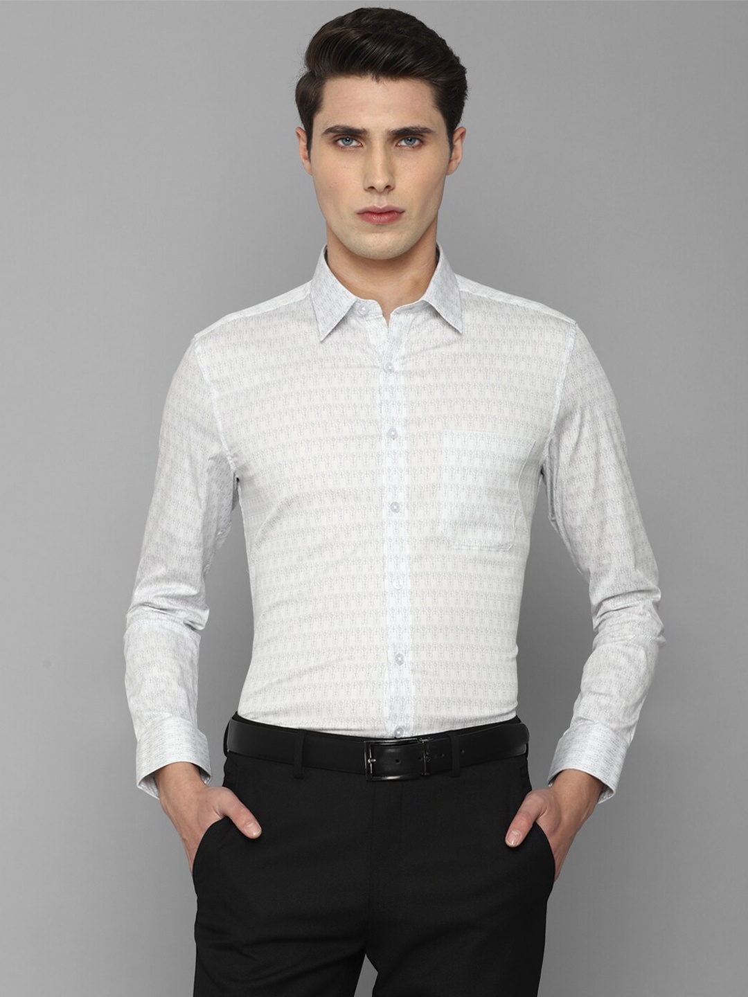 Louis Philippe Slim Fit Abstract Printed Spread Collar Formal Shirt, Grey
