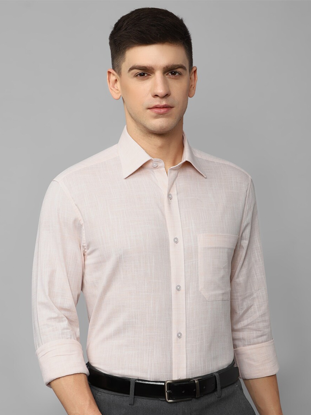 

Louis Philippe Spread Collar Classic Fit Textured Formal Cotton Shirt, Beige