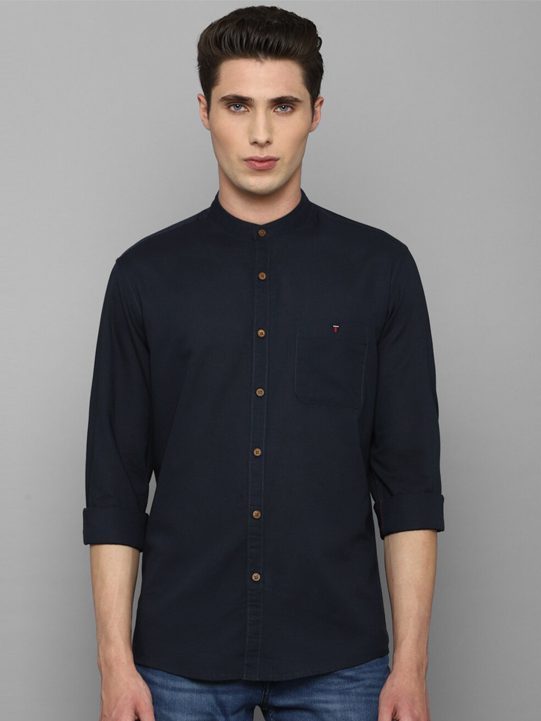 

Louis Philippe Jeans Slim Fit Band Collar Cotton Linen Casual Shirt, Navy blue