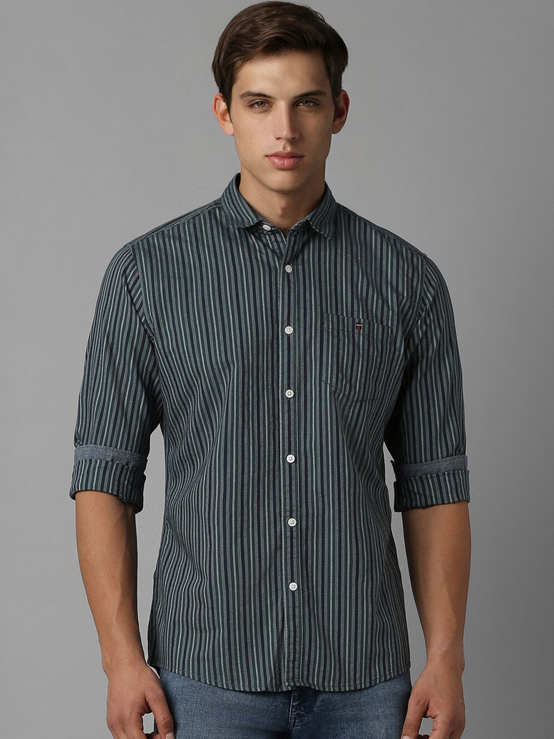 

Louis Philippe Jeans Slim Fit Striped Pure Cotton Casual Shirt, Grey